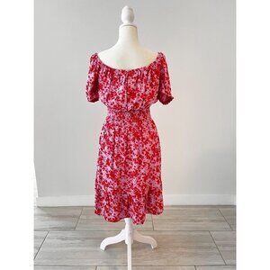 NWT Cupcakes and Cashmere Pink and Red Floral Puff Sleeve Dress Smocked Waist S